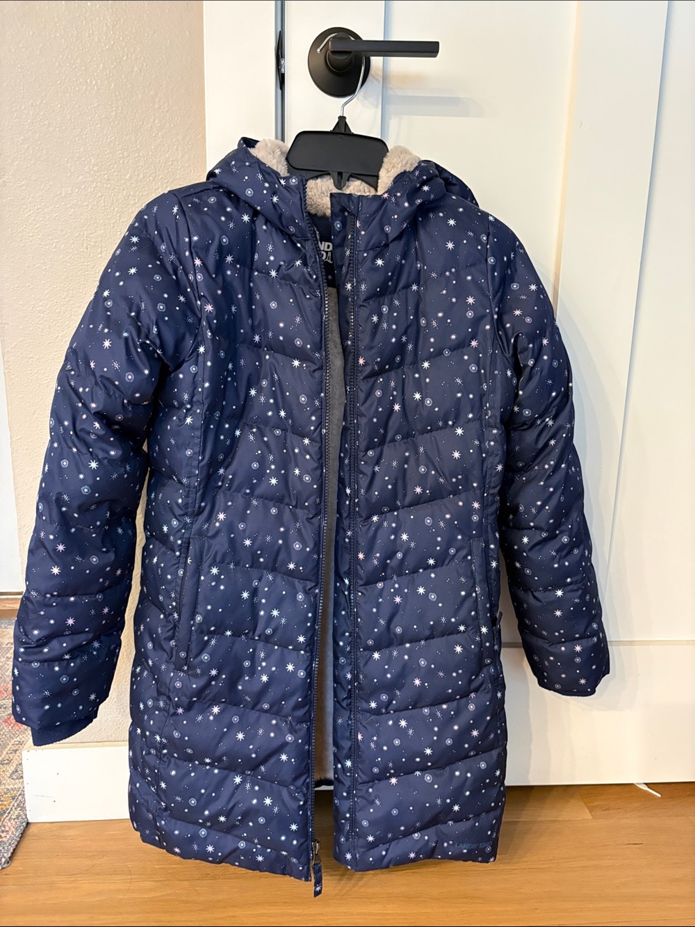 Lands' End Navy Star Print Coat with Faux Fur Trim